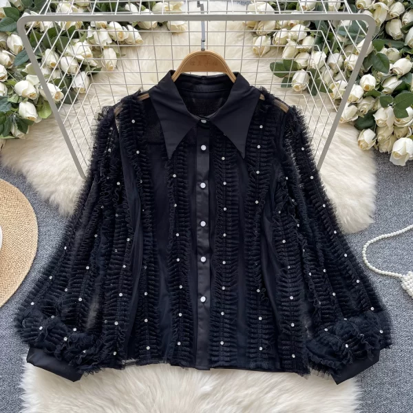 LW0375 French Diamond Pleated Lantern Sleeve Shirt Women'S Single Breasted Slimming Top Blouses Elegant Women Ladies