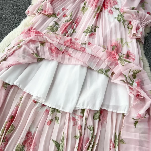 LE2562 2025 Autumn Floral Printed Dresses Luxury Women'S Elegant Chiffon Maxi Pleated Dress Holiday Women'S Boutique Clothing