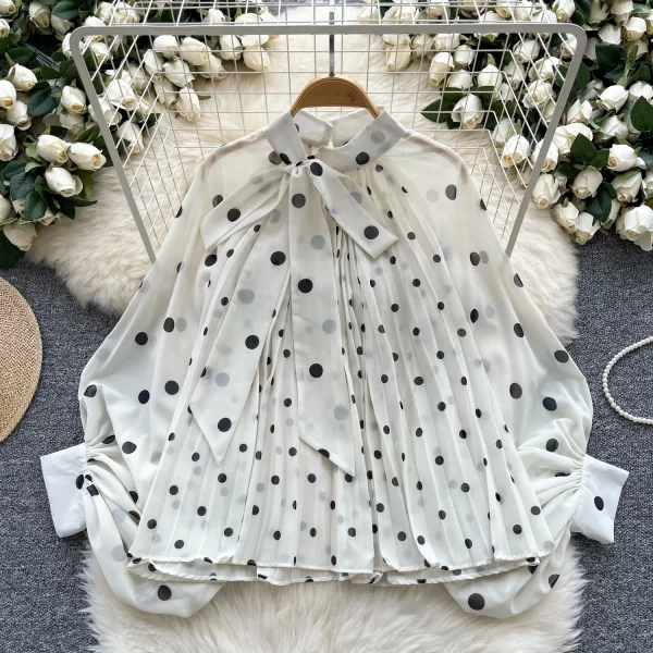 LW0369 2025 Spring Everything Chiffon Shirt Bow Tie With Lantern Sleeve Polka Dot Shirt Woman Shirts for Women Tops