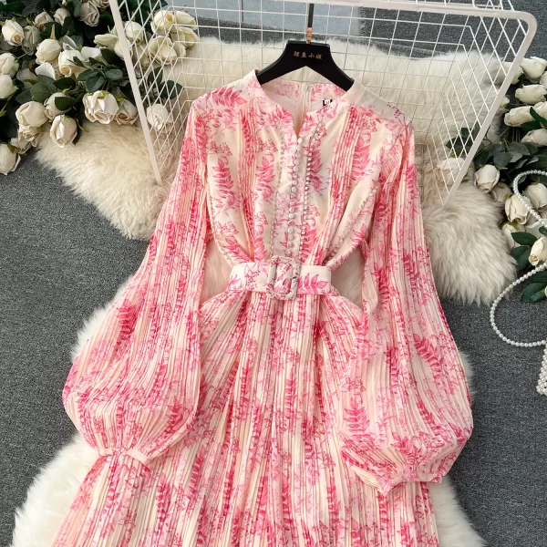 LE2557 2025 Autumn New Holiday Pleated Midi Dresses Women'S Boutique Bubble Long Sleeve Floral Dress Belted Printed Midi Dress