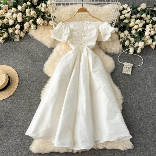LE2454 Runway Pleated Off-The-Shoulder Dinner Dress Lady Red Minority Toasting Midi Dress Socialite Party Large Hem Banquet Robe