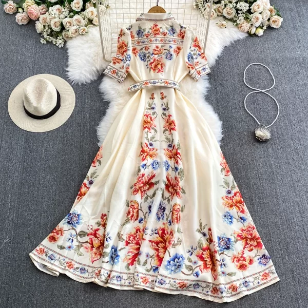 LE2473 Ethnic Maxi Flower Print Dress Lady Elegant Suit Collar Evening Gown Single Breasted A-Line Socialite Party Casual Dress