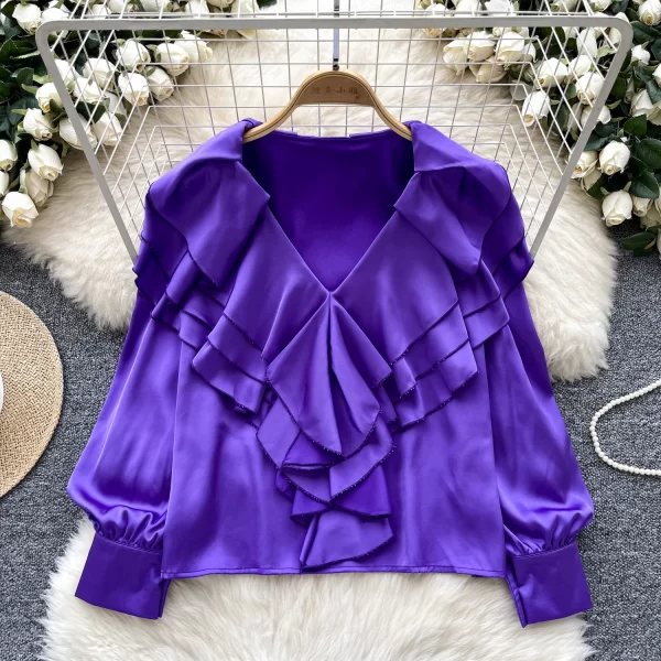 LW0355 2025 Springlight Luxury Senior Sense V-Neck Shirt Women'S Autumn Satin Ruffled Temperament Top Blouses Elegant Women