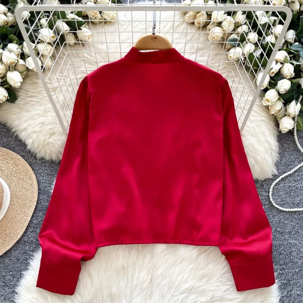 LW0517 High Sense Bow Decorated Long Sleeve Satin Top for Women With a Slim Chic Tops for Women Formal