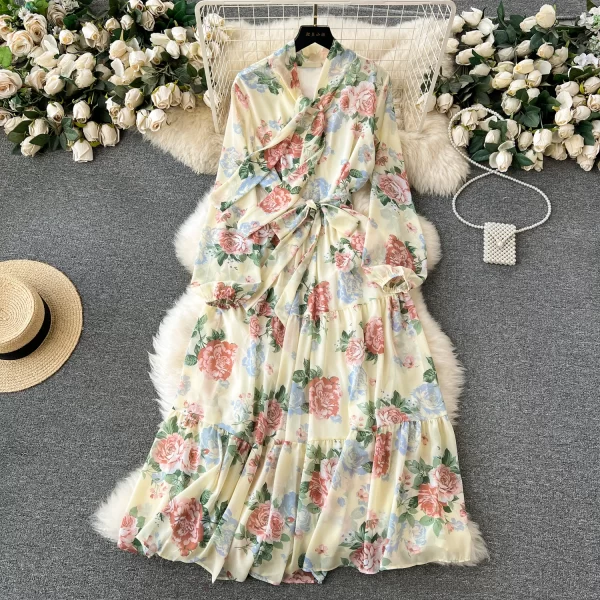 LE2566 2025 Autumn Socialite Party Midi Dress Temperament  Printed Dress Women'S Boutique Bubble Long Sleeve Floral Holiday Robe