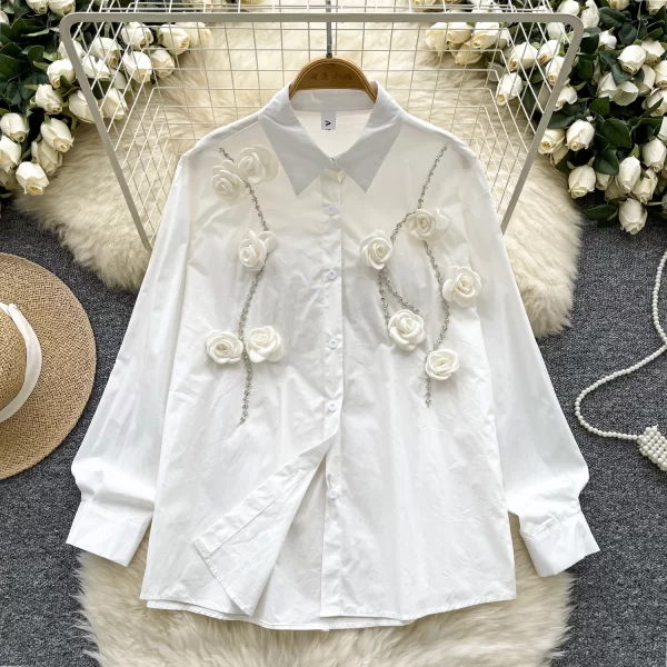 LW0351 Heavy Diamond Rose Flower Shirt Women'S New Autumn Loose Slimming Lapel Long Sleeve Top 2025 Spring