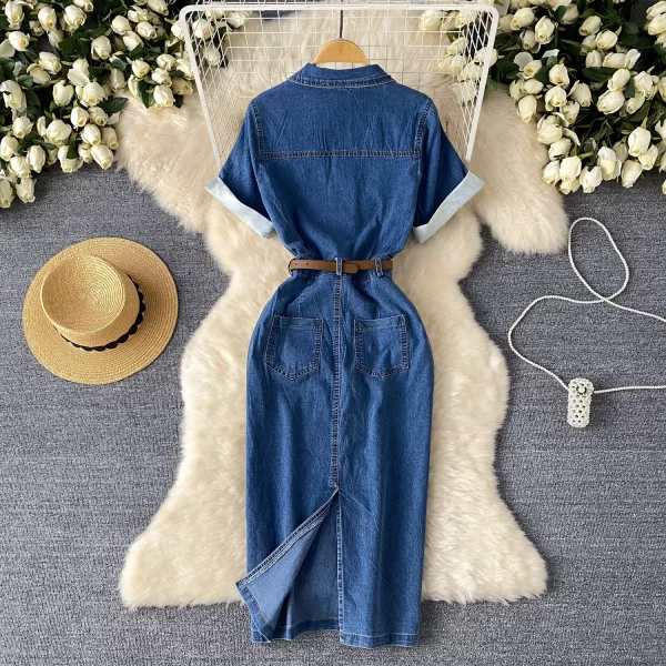 LE2488 Korean Midi Casual Denim Dress Simple Polo Collar Denim Dress Female Summer Belt Slim Slit Design Temperament Long Dress