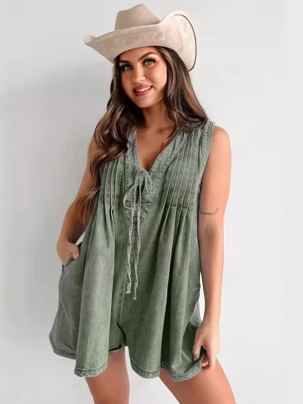 New Women Deep V Neck Lace-up Denim Jumpsuit Shorts Rompers Female Pleated Sleeveless One-piece Trousers