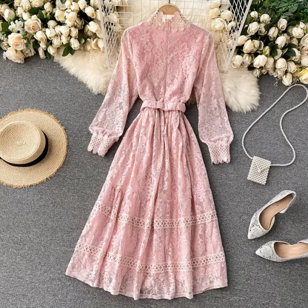 LE2555 Gentle Lace Socialite Dresses Female Hollow Out Stand Collar Midi Dress Holiday Parties Casual Evening Womens Dresses