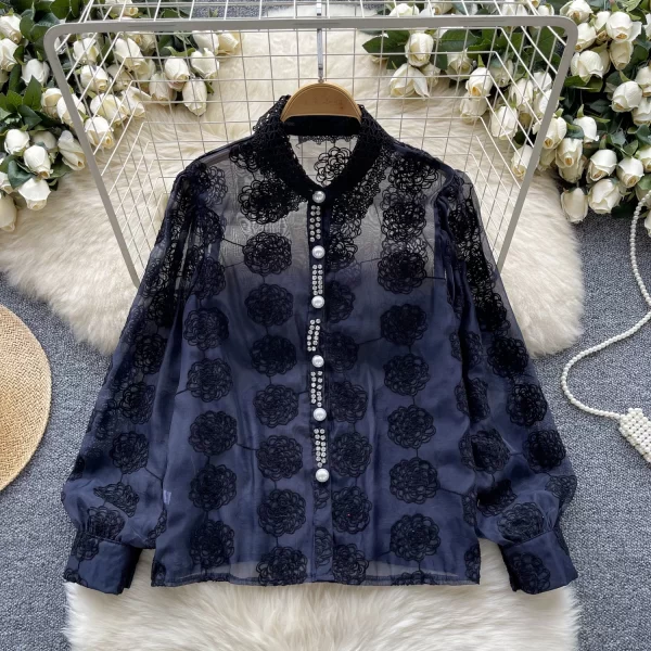 LW0508 Blouses Elegant Woman 2025 New Lace Embroidery Set Diamond Single Breasted Chic Mesh Top Blouses for Lady