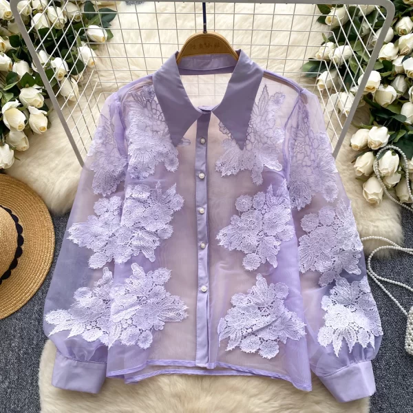 LW0503 2025 New High-Class Floral Embroidery All-In-One Slimming Single Breasted Tulle Shirt Blouses Elegant Women Ladies