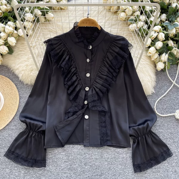 LW0518 Light Wind Shirt Women'S Wooden Ear Edge Splicing Stand Collar Trumpet Sleeve Slimming Satin Blouse
