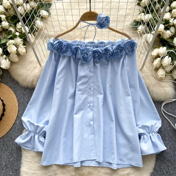 LW0506 Gentle Wind Set Diamond Flower Line Neck Off-The-Shoulder Slimming Loose Long-Sleeved Shirts for Women