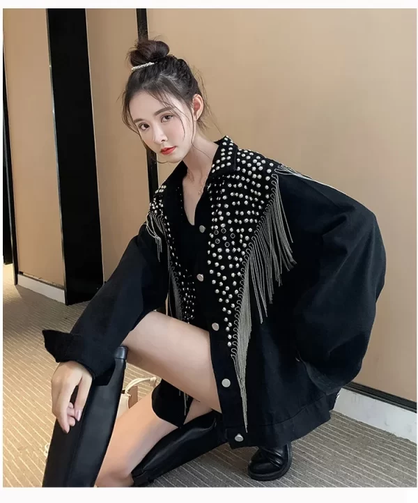 Tassel Heavy Diamond Rivets Long-sleeved Korean Version of Loose Thin Fashion Beaded Denim Jacket