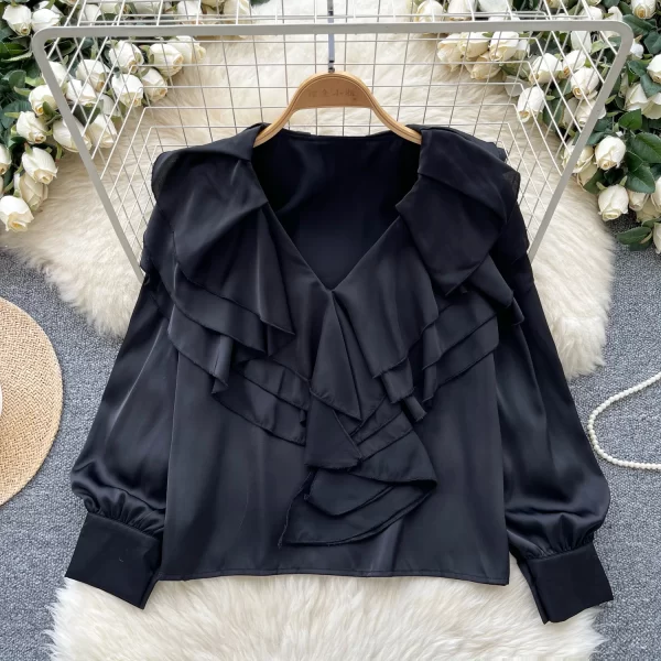 LW0355 2025 Springlight Luxury Senior Sense V-Neck Shirt Women'S Autumn Satin Ruffled Temperament Top Blouses Elegant Women