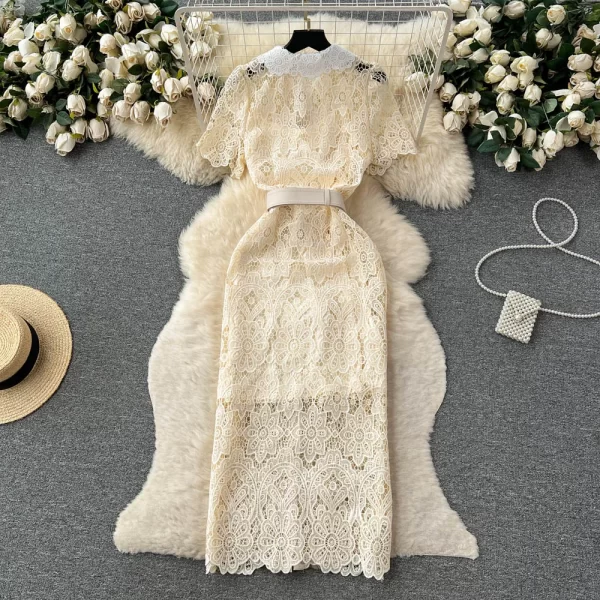 LE2461 Socialite Party Lace Dresses Women'S Elegant Hollow Hook Flower Embroidery Midi Casual Dress Women Boutique Evening Gown