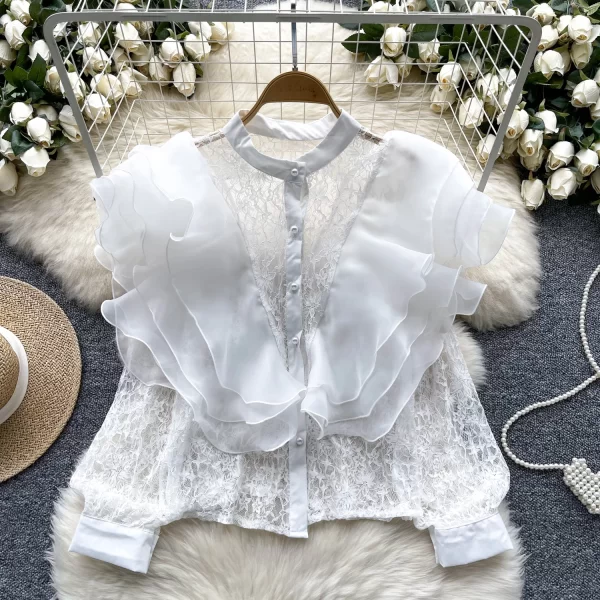 LW0510 Small Crowd Ruffled Edge Stitching Round Neck Pearl Single Breasted Lace Cardigan Blouse Elegant Women Ladies