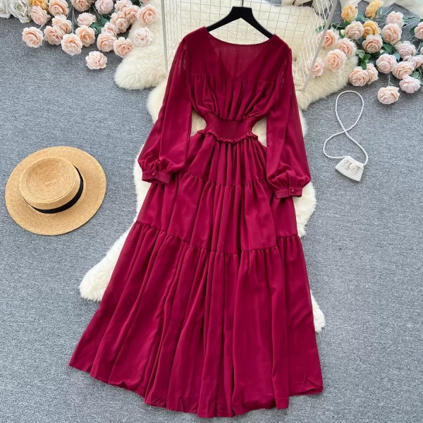 LE2503 Women Boutique Outfit Lady V-Neck Chiffon Dress Female Banquet Evening Gown Elastic Waist Long Sleeve Pleated Long Dress