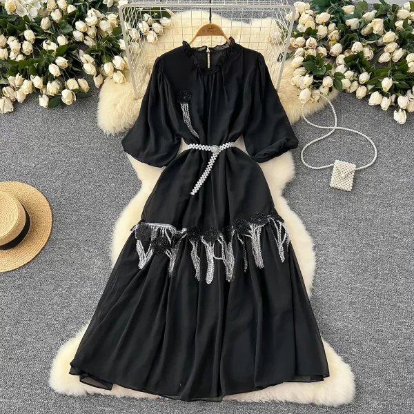 LE2549 Gentle Chiffon Casual Dress Woman Three-Dimensional Flower With Diamond Fringe Lantern Sleeve Midi Dress Lady Long Dress