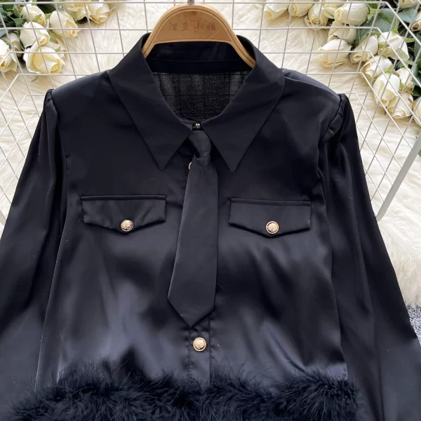 LW0362 French Niche Shirt Ladies Haute Couture With Fluffy Patchwork Short Satin Top Blouses Elegant Women
