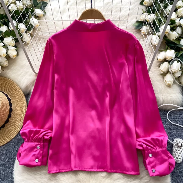 LW0503 2025 New Advanced Sense Flower Lapel Single Breasted Lantern Sleeve Top Small French Satin Shirts for Women Tops