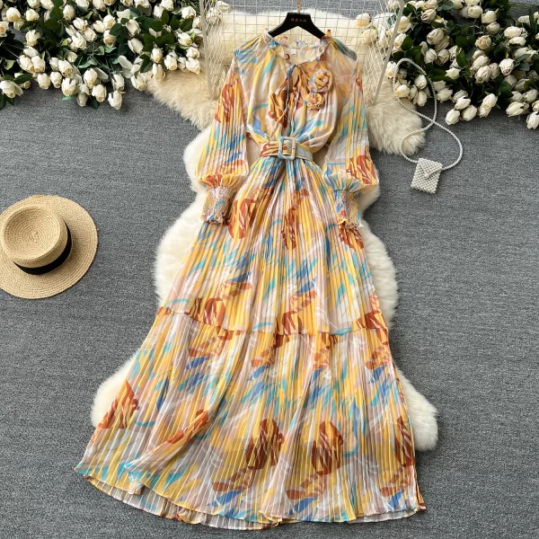 LE2565 Autumn Elegant Party Maxi Dresses Chiffon Pleated Printed Dress Women'S Boutique Bubble Long Sleeve Floral Holiday Robe