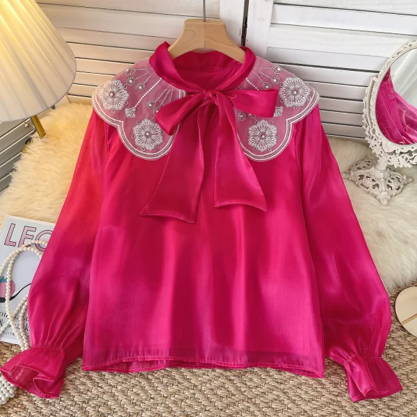 LW0352 French Gentle Atmosphere Lotus Sleeve Shirt Mesh Bow Embroidery Diamond Design Blouses Elegant Women