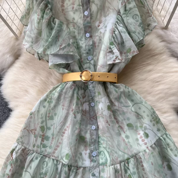 LE2435 Vintage Women Floral Printed Long Dress Falbala Single Breasted Short Sleeve A-Line Maxi Dresses Vacation Long Robes