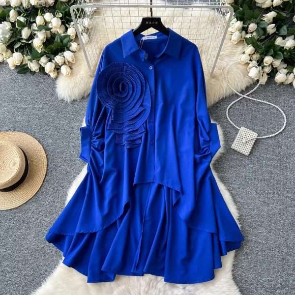 LW0521 Senior Sense Polo Collar Shirt Women 2025 New Tops for Women Three-Dimensional Flower Irregular Fold Tail Design Blouse