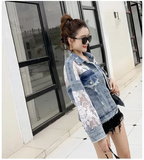 New Women Fashion Plus Size Denim Jacket Light Blue Transparent 3d Lace Sleeve Distressed Denim Jacket Women