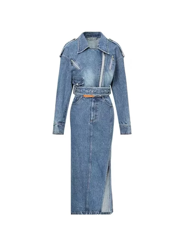 New French Sweet Spicy Wind Lively Ageing Leisure Blue Waisted Denim Jacket Skirt Two Pieces