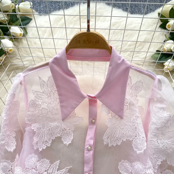 LW0503 2025 New High-Class Floral Embroidery All-In-One Slimming Single Breasted Tulle Shirt Blouses Elegant Women Ladies