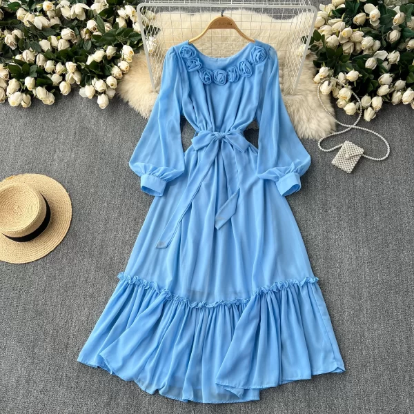 LE2499 Romantic Chiffon Midi Casual Dress Lady Elegant Three-Dimensional Flower Lantern Long Sleeve Evening Rob Ruffled Dresses