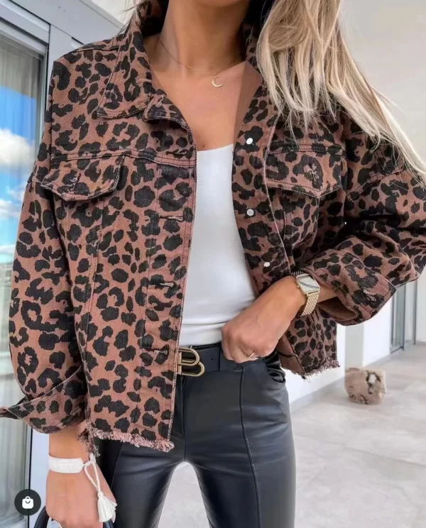 2025 New Denim Jacket Leopard Print Long-sleeved Short Section Loose Type Vintage  Casual Jacket