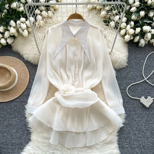 LW0366 Niche Pleated Lotus Swing Patchwork Receiving Waist Lapel Long Sleeve Chiffon Shirt Lady Blouses Elegant Women Ladies