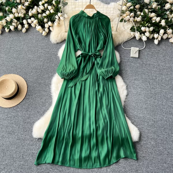 LE2446 Mature Boutique Ladies Evening Gown Niche Belted Stand Collar Long Sleeve Long Dresses Elegant Pendant Streamer Dress