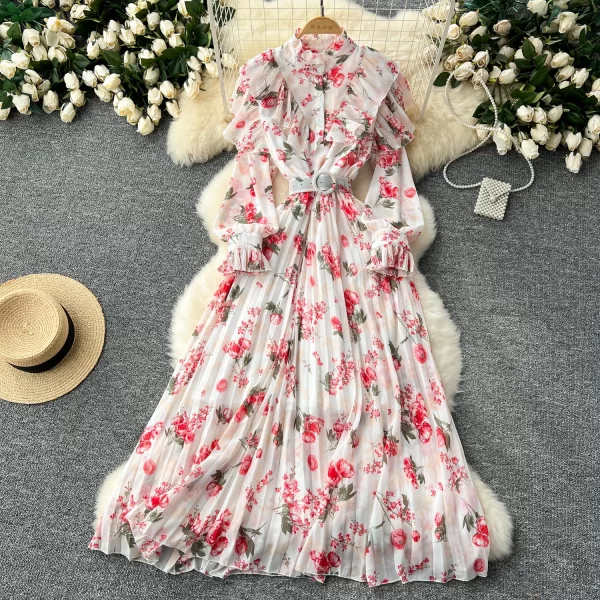 LE2440 Women'S Boutique Clothing Haute Couture Printed Chiffon Dress Flounce Edge Patchwork Pleated Dresses Lady Holiday Robe