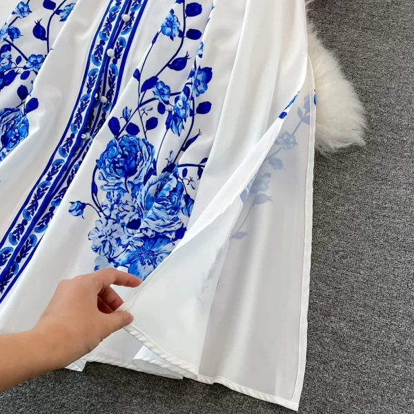 LE2526 Retro Blue and White Porcelain Printed Dresses Stand Collar Single Breasted Dress Elegant Temperament Long Robe
