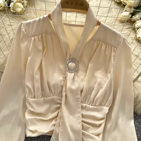 LW0357 Light Luxury Blouse Women'S Satin Ribbon Halter Fold Waist Waist Short Flared Sleeve Tops for Women Casual