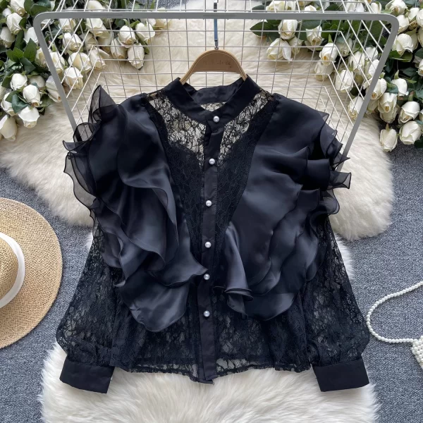 LW0510 Small Crowd Ruffled Edge Stitching Round Neck Pearl Single Breasted Lace Cardigan Blouse Elegant Women Ladies