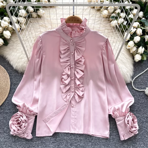 LW0520 Vintage Senior Sense Standing Collar Shirt Women Wooden Ear Edge Three-Dimensional Flower Design Shirts for Women
