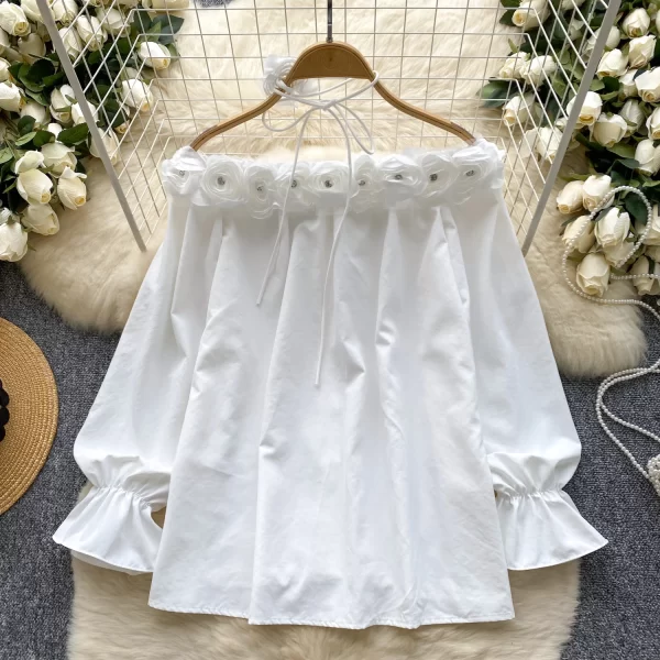 LW0506 Gentle Wind Set Diamond Flower Line Neck Off-The-Shoulder Slimming Loose Long-Sleeved Shirts for Women