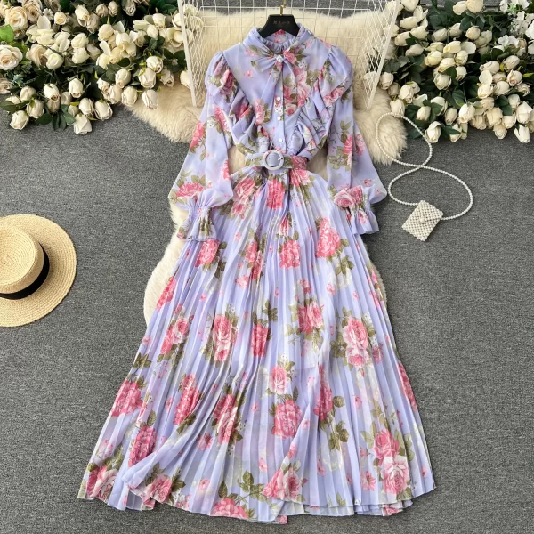 LE2562 2025 Autumn Floral Printed Dresses Luxury Women'S Elegant Chiffon Maxi Pleated Dress Holiday Women'S Boutique Clothing