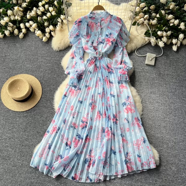 LE2440 Women'S Boutique Clothing Haute Couture Printed Chiffon Dress Flounce Edge Patchwork Pleated Dresses Lady Holiday Robe