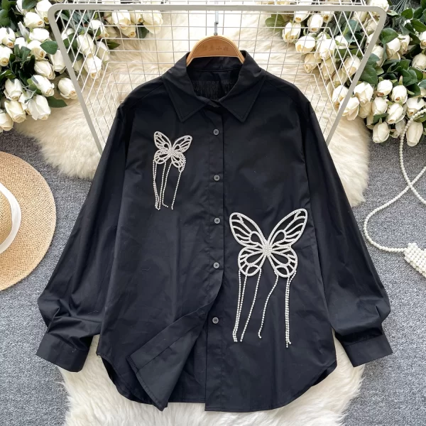 LW0592 Heavy Diamond Butterfly Fringes Decorated Shirt Women Chic Spring Blouse Women Shirts for Women Tops