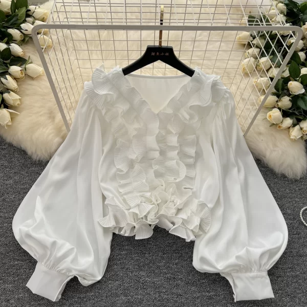 LW0358 Senior Sense Lantern Sleeve Shirt Women Autumn Wooden Ear Edge Loose Light Luxury Temperament Blouse Tops for Women