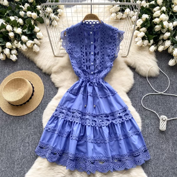 LE2575 Women Boutique Lace Elegant Party Short Dresses Hollow Hook Flower Lace Patchwork Mini Dress A-Line Female Dresses 2025