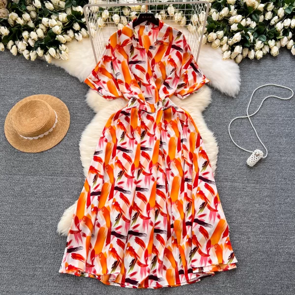 LE2521 Vintage Mature Maxi Woman'S Shirt Dresses Large Swing Dress Irregular Print Female Long Office Lady Belted Long Dress