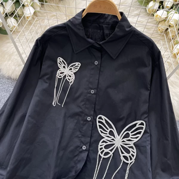 LW0592 Heavy Diamond Butterfly Fringes Decorated Shirt Women Chic Spring Blouse Women Shirts for Women Tops