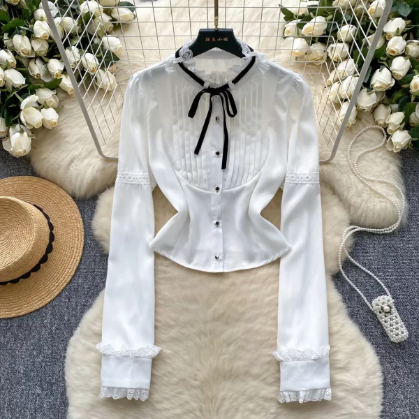 LW0370 2025 Spring Temperament Color Contrast Lace Patchwork Receive Waist Long Sleeve Shirt Female Tops for Women Casual